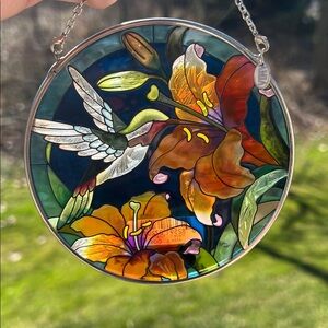 Vintage AMIA Hummingbird Flower Painted Stained Glass Suncatcher Window Hanging